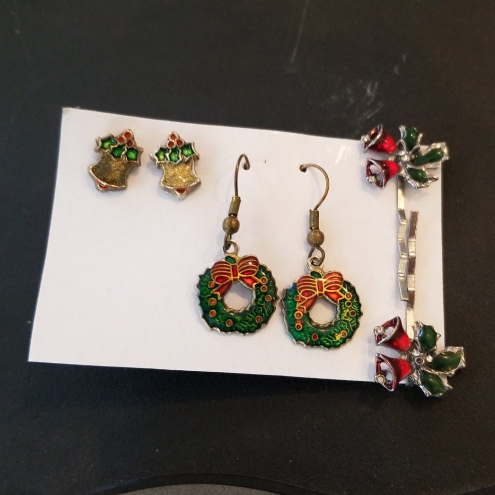 Holiday Themed Enamel Earrings and Hairpin